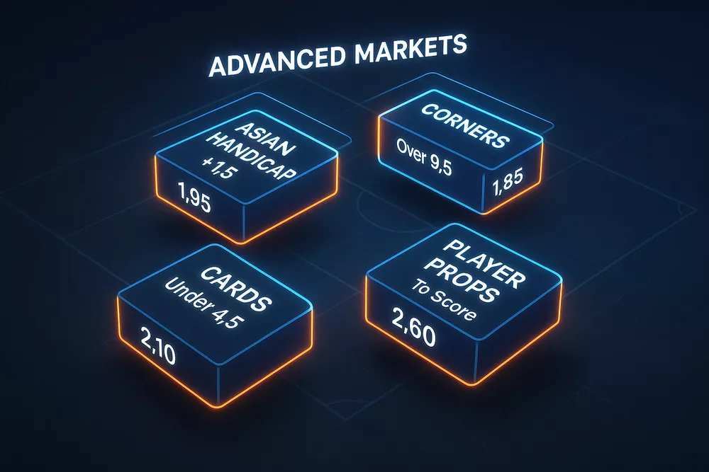 Futuristic digital interface displaying advanced betting markets including Asian handicaps corner markets and player props