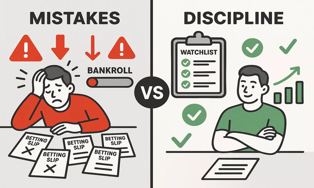 Betting discipline comparison showing common mistakes versus correct disciplined approach to live betting