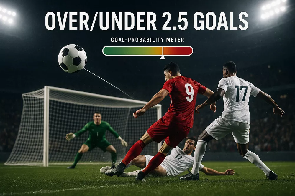 Dynamic football action near goal with over under betting graphics and trajectory lines showing goal scoring moments