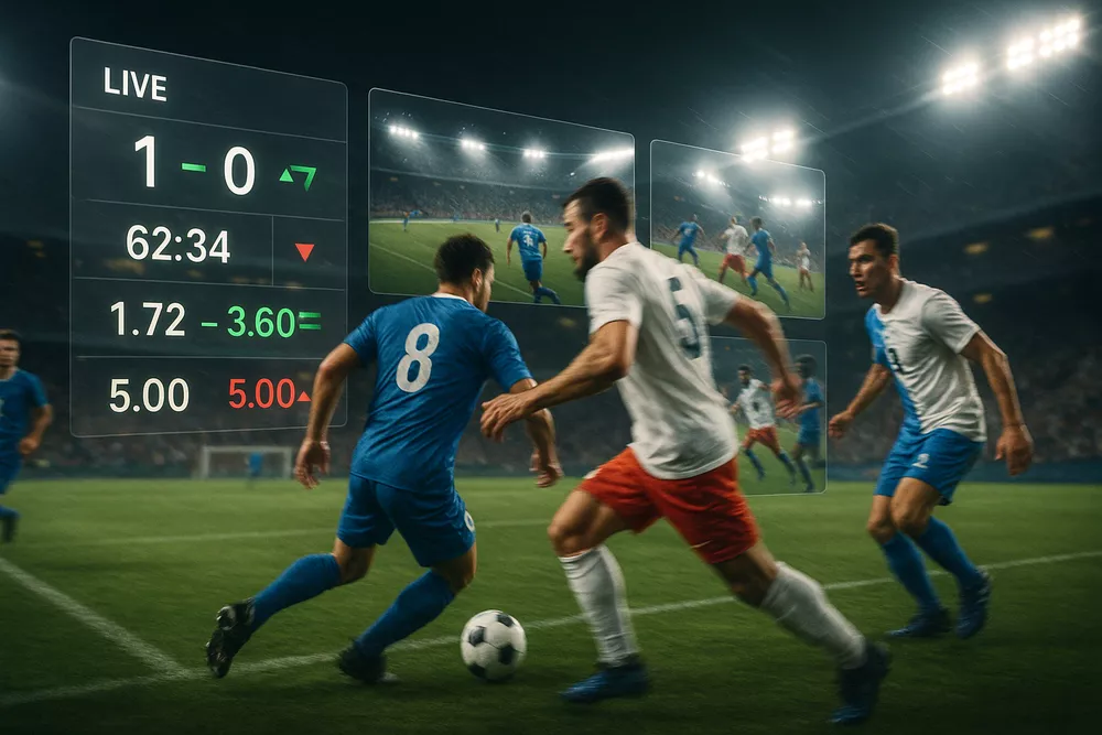 Live football match action with real-time betting odds overlay and dynamic statistics updating during gameplay