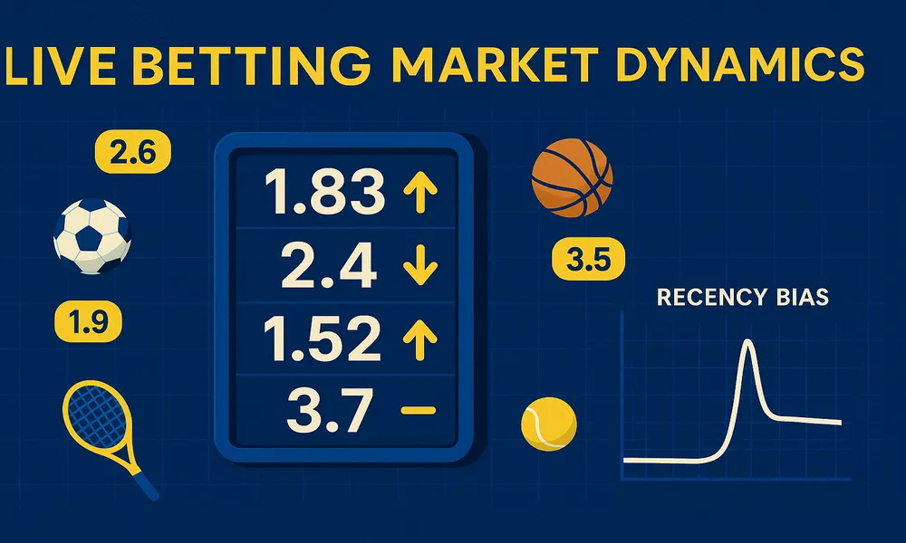 Live betting market dynamics showing odds movements, recency bias patterns, and algorithmic price adjustments