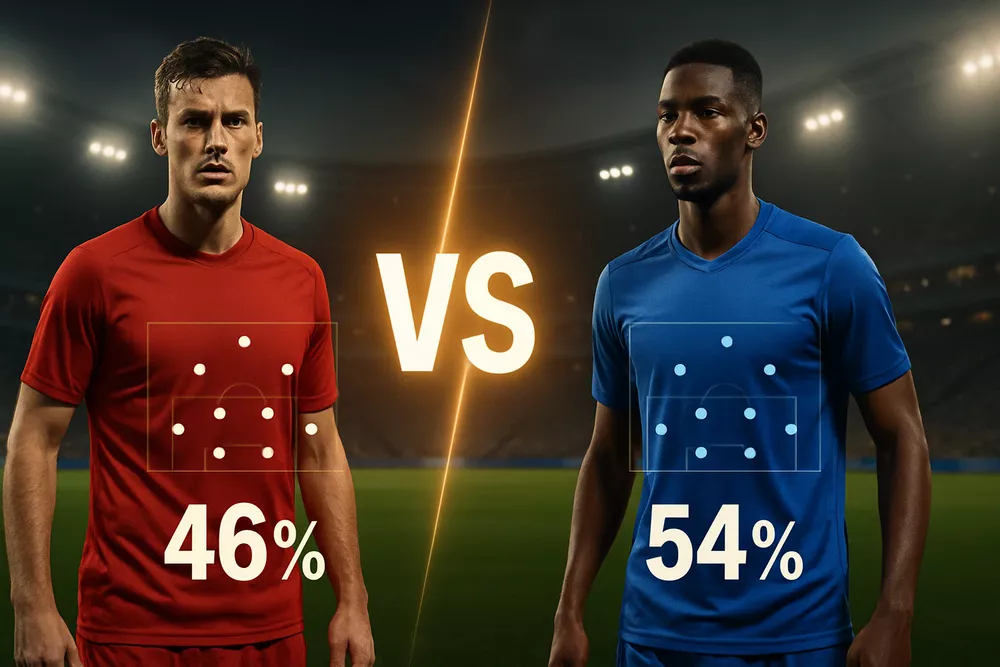 Two football teams facing each other with tactical formations and match prediction probabilities overlay