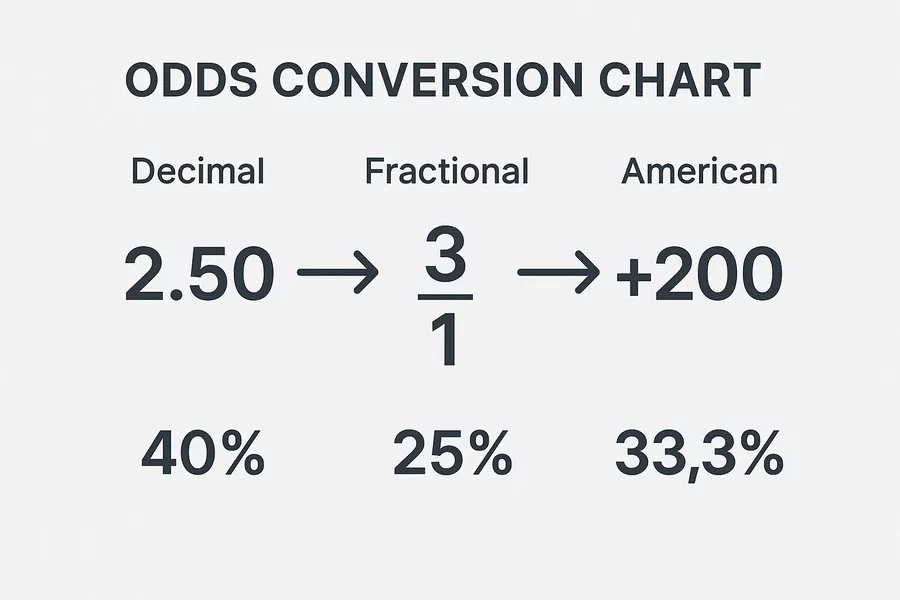 Betting odds conversion chart showing decimal, fractional and American odds formats