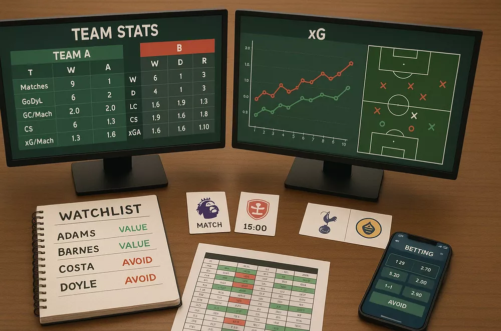 Pre-match preparation workspace with statistical analysis, team data, tactical diagrams, and betting watchlist