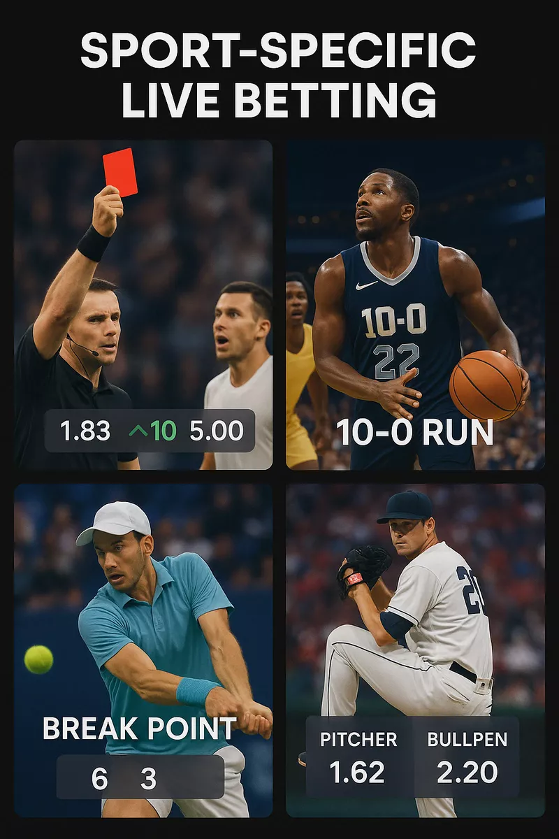 Sport-specific live betting strategies for football, basketball, tennis, and baseball with key tactical patterns