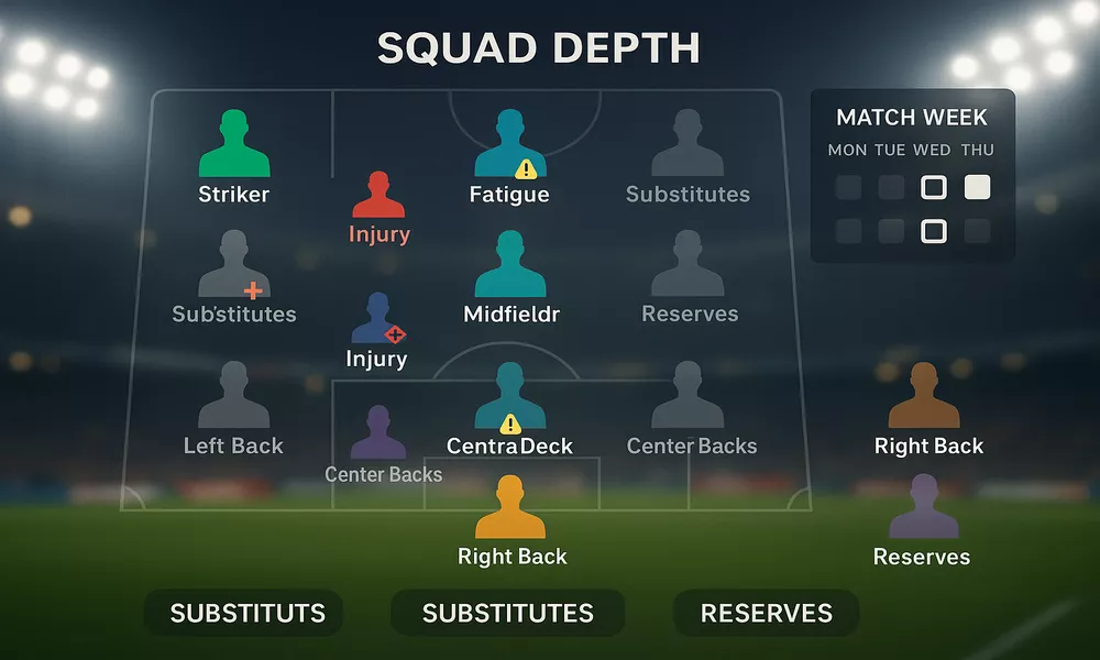 Squad depth chart showing football team rotation with starting players, substitutes and injury management